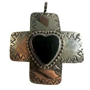 Lotus Silver tone and black heart cross pendant necklace